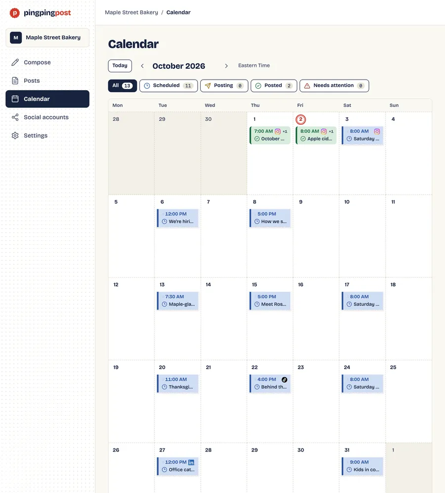 The PingPingPost calendar for October, with posted and scheduled posts.