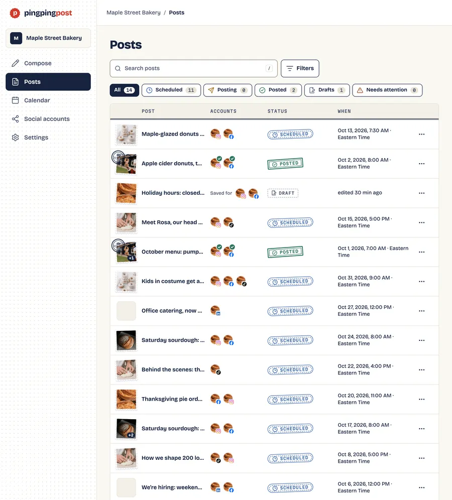 The PingPingPost posts list with scheduled, posted, and draft posts.